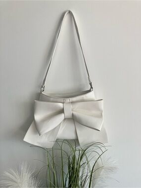 White Bow Accent Shoulder Bag - Elegant Bridal, Wedding, All Occasion Handbag
